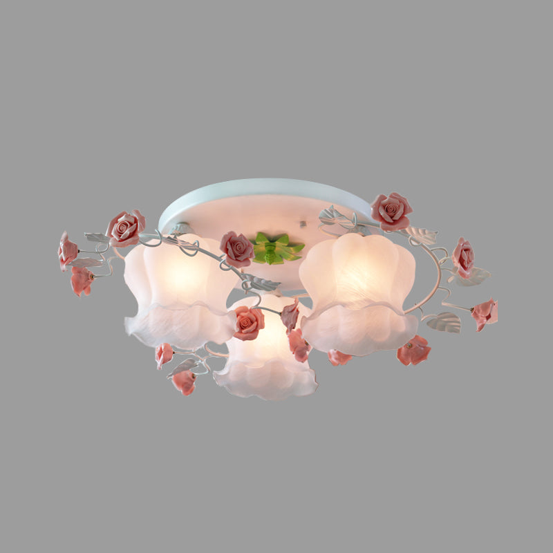 3 Bulbs Rose Ceiling Mount Countryside Pink Mouth Blown Opal Glass Flush Light Fixture for Bedroom Clearhalo 'Ceiling Lights' 'Close To Ceiling Lights' 'Close to ceiling' 'Flush mount' Lighting' 325439