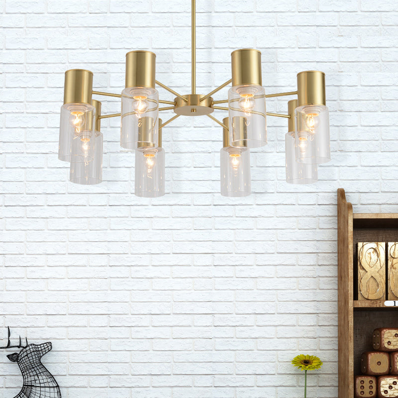 Modern 8 Heads Chandelier Lamp Brass Tubular Hanging Pendant Light with Clear Glass Shade Brass Clearhalo 'Ceiling Lights' 'Chandeliers' 'Glass shade' 'Glass' 'Modern Chandeliers' 'Modern' Lighting' 325441