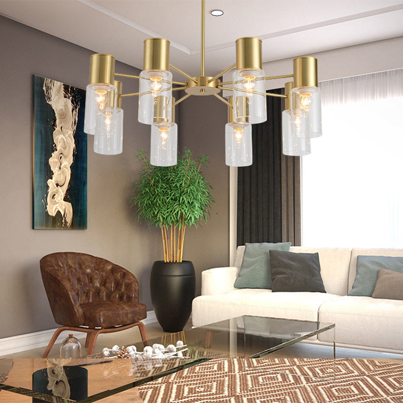 Modern 8 Heads Chandelier Lamp Brass Tubular Hanging Pendant Light with Clear Glass Shade Clearhalo 'Ceiling Lights' 'Chandeliers' 'Glass shade' 'Glass' 'Modern Chandeliers' 'Modern' Lighting' 325443