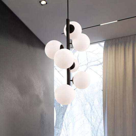 Black Round Hanging Chandelier Contemporary 7 Bulbs Opal Glass Ceiling Suspension Lamp Black Clearhalo 'Ceiling Lights' 'Chandeliers' 'Close To Ceiling Lights' 'Glass shade' 'Glass' 'Modern Chandeliers' 'Modern' Lighting' 325456
