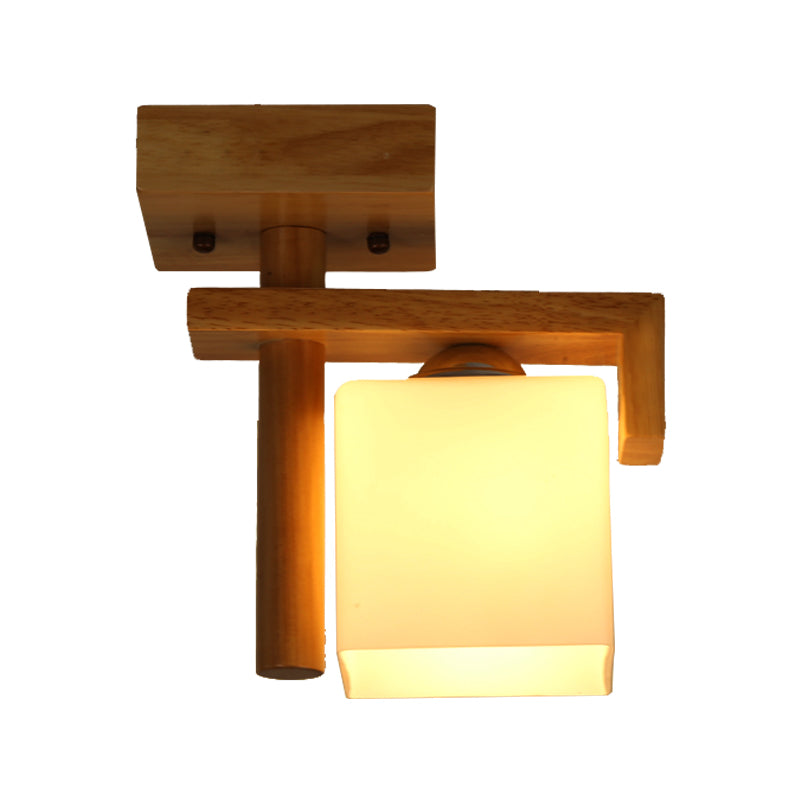 Square Frosted Glass Ceiling Flush Light Contemporary 1 Light Semi Flushmount Lamp in Wood for Staircase Clearhalo 'Ceiling Lights' 'Close To Ceiling Lights' 'Close to ceiling' 'Flush mount' Lighting' 325463