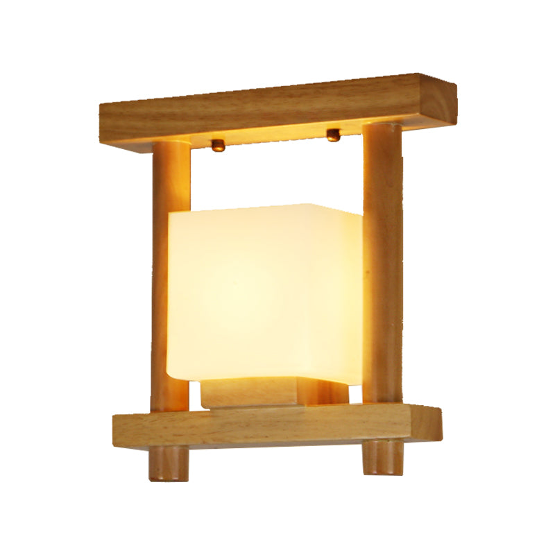 Square Frosted Glass Ceiling Flush Light Contemporary 1 Light Semi Flushmount Lamp in Wood for Staircase Clearhalo 'Ceiling Lights' 'Close To Ceiling Lights' 'Close to ceiling' 'Flush mount' Lighting' 325467