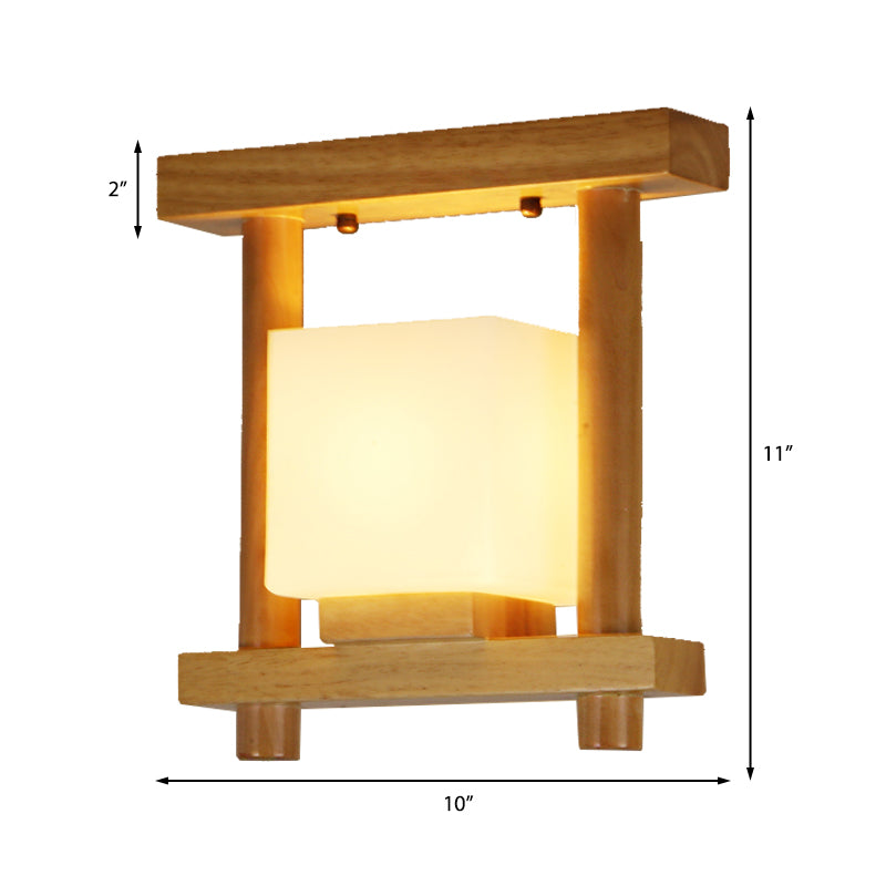 Square Frosted Glass Ceiling Flush Light Contemporary 1 Light Semi Flushmount Lamp in Wood for Staircase Clearhalo 'Ceiling Lights' 'Close To Ceiling Lights' 'Close to ceiling' 'Flush mount' Lighting' 325468