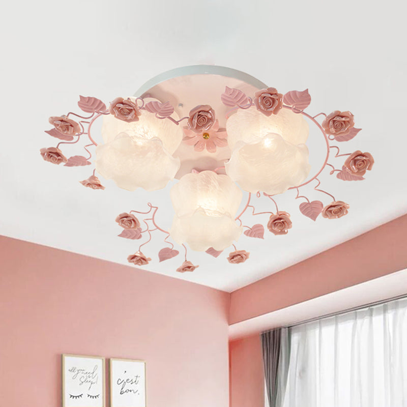 Floral White Glass Ceiling Mounted Fixture Traditional 3/5 Bulbs Living Room Flush Mount Lamp in Pink/Green 3 Pink Clearhalo 'Ceiling Lights' 'Close To Ceiling Lights' 'Close to ceiling' 'Flush mount' Lighting' 325469