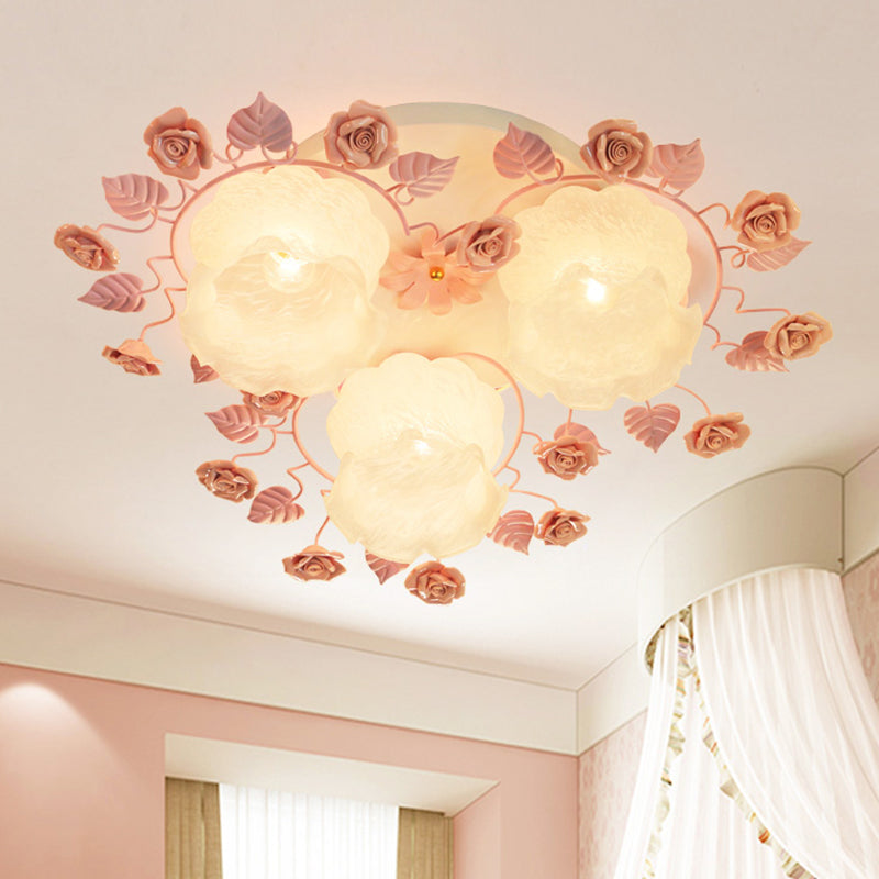 Floral White Glass Ceiling Mounted Fixture Traditional 3/5 Bulbs Living Room Flush Mount Lamp in Pink/Green Clearhalo 'Ceiling Lights' 'Close To Ceiling Lights' 'Close to ceiling' 'Flush mount' Lighting' 325470