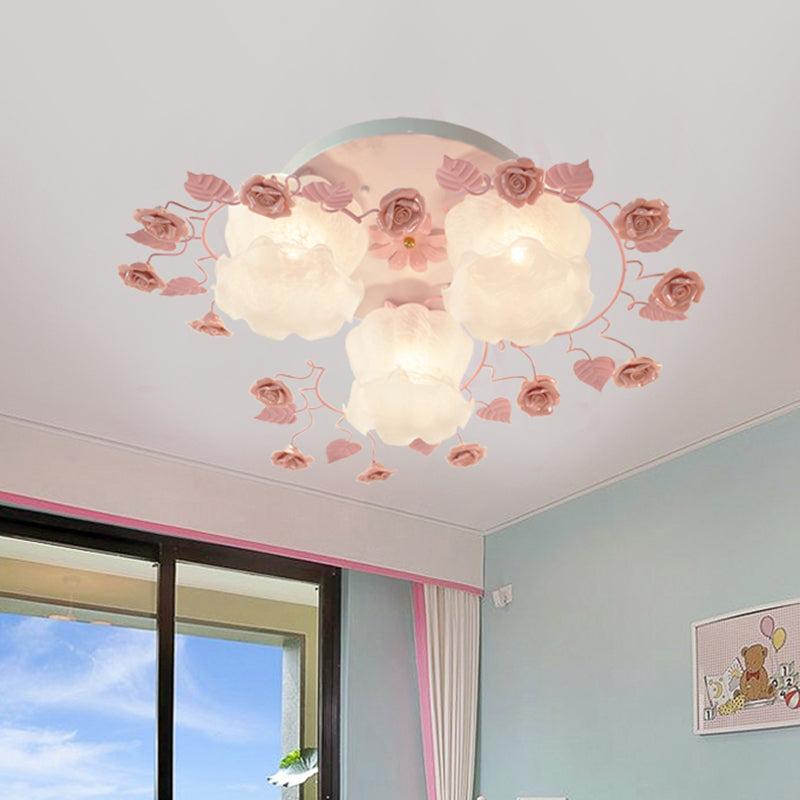 Floral White Glass Ceiling Mounted Fixture Traditional 3/5 Bulbs Living Room Flush Mount Lamp in Pink/Green Clearhalo 'Ceiling Lights' 'Close To Ceiling Lights' 'Close to ceiling' 'Flush mount' Lighting' 325471