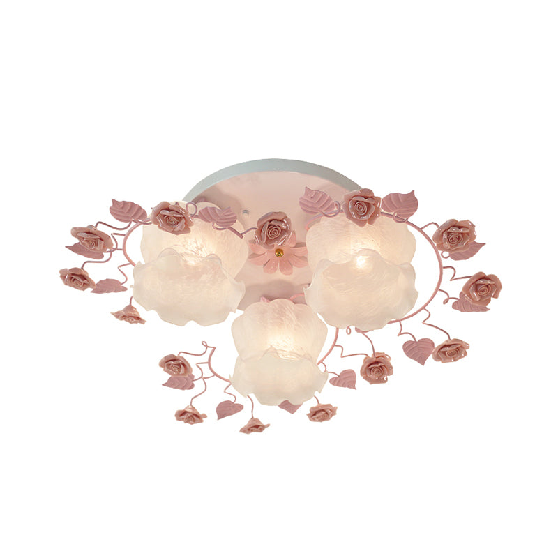 Floral White Glass Ceiling Mounted Fixture Traditional 3/5 Bulbs Living Room Flush Mount Lamp in Pink/Green Clearhalo 'Ceiling Lights' 'Close To Ceiling Lights' 'Close to ceiling' 'Flush mount' Lighting' 325472