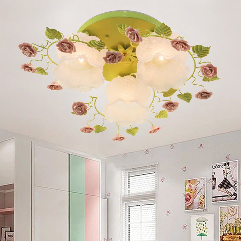 Floral White Glass Ceiling Mounted Fixture Traditional 3/5 Bulbs Living Room Flush Mount Lamp in Pink/Green 3 Green Clearhalo 'Ceiling Lights' 'Close To Ceiling Lights' 'Close to ceiling' 'Flush mount' Lighting' 325474