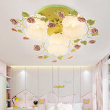 Floral White Glass Ceiling Mounted Fixture Traditional 3/5 Bulbs Living Room Flush Mount Lamp in Pink/Green Clearhalo 'Ceiling Lights' 'Close To Ceiling Lights' 'Close to ceiling' 'Flush mount' Lighting' 325475