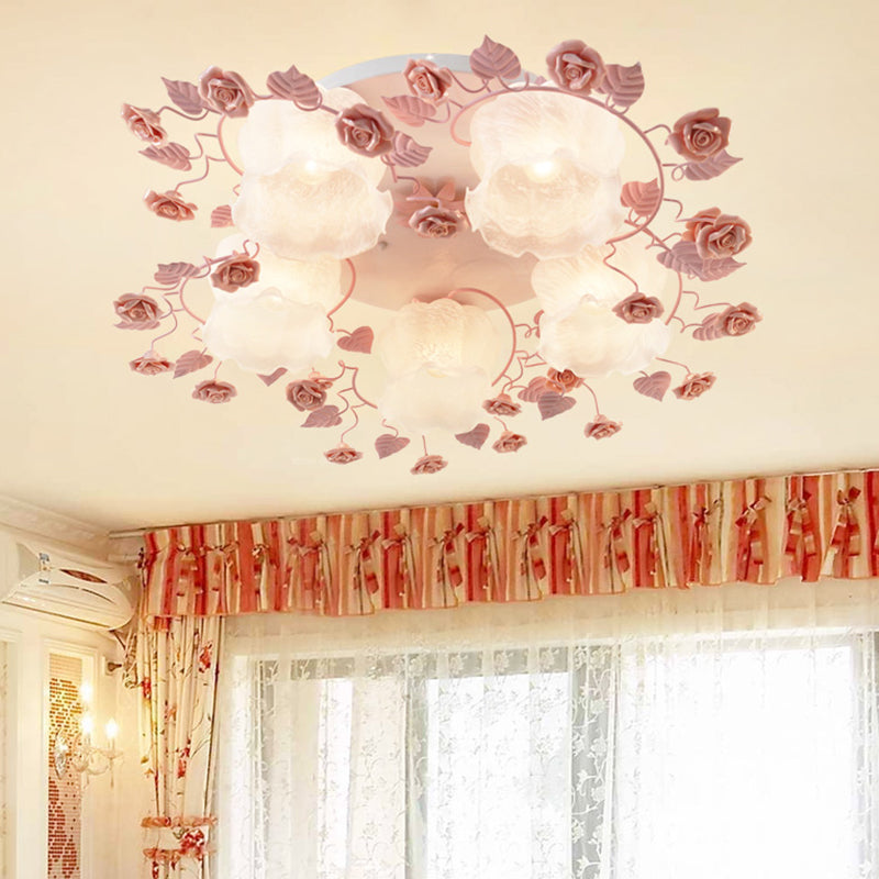 Floral White Glass Ceiling Mounted Fixture Traditional 3/5 Bulbs Living Room Flush Mount Lamp in Pink/Green 5 Pink Clearhalo 'Ceiling Lights' 'Close To Ceiling Lights' 'Close to ceiling' 'Flush mount' Lighting' 325477