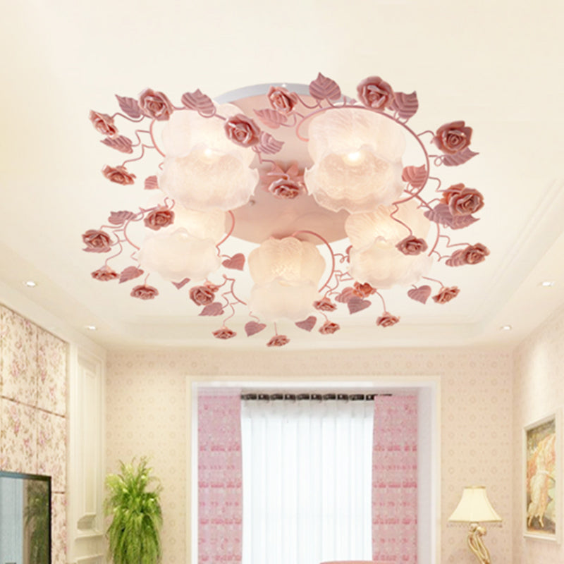 Floral White Glass Ceiling Mounted Fixture Traditional 3/5 Bulbs Living Room Flush Mount Lamp in Pink/Green Clearhalo 'Ceiling Lights' 'Close To Ceiling Lights' 'Close to ceiling' 'Flush mount' Lighting' 325478