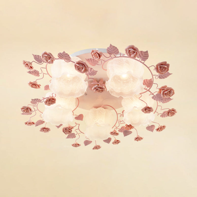 Floral White Glass Ceiling Mounted Fixture Traditional 3/5 Bulbs Living Room Flush Mount Lamp in Pink/Green Clearhalo 'Ceiling Lights' 'Close To Ceiling Lights' 'Close to ceiling' 'Flush mount' Lighting' 325479