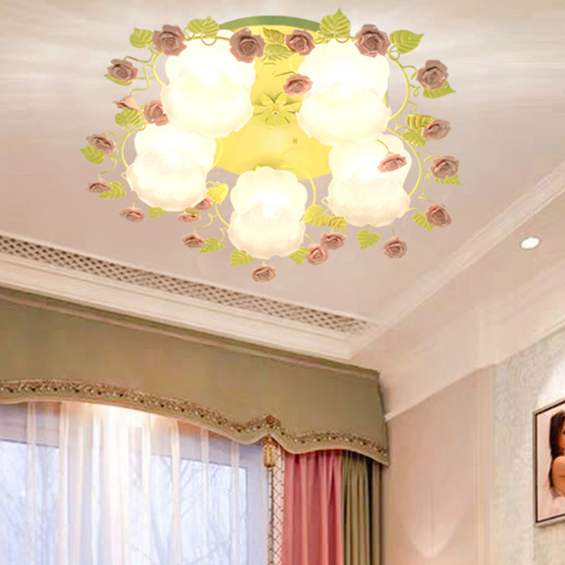 Floral White Glass Ceiling Mounted Fixture Traditional 3/5 Bulbs Living Room Flush Mount Lamp in Pink/Green 5 Green Clearhalo 'Ceiling Lights' 'Close To Ceiling Lights' 'Close to ceiling' 'Flush mount' Lighting' 325481