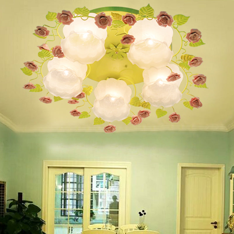 Floral White Glass Ceiling Mounted Fixture Traditional 3/5 Bulbs Living Room Flush Mount Lamp in Pink/Green Clearhalo 'Ceiling Lights' 'Close To Ceiling Lights' 'Close to ceiling' 'Flush mount' Lighting' 325482