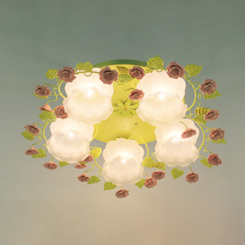 Floral White Glass Ceiling Mounted Fixture Traditional 3/5 Bulbs Living Room Flush Mount Lamp in Pink/Green Clearhalo 'Ceiling Lights' 'Close To Ceiling Lights' 'Close to ceiling' 'Flush mount' Lighting' 325483