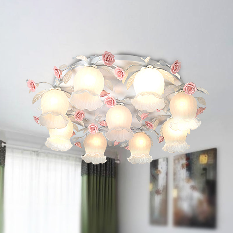 White Glass Rose Ceiling Lighting Countryside 9 Heads Living Room Flush Mount Fixture White Clearhalo 'Ceiling Lights' 'Close To Ceiling Lights' 'Close to ceiling' 'Flush mount' Lighting' 325489