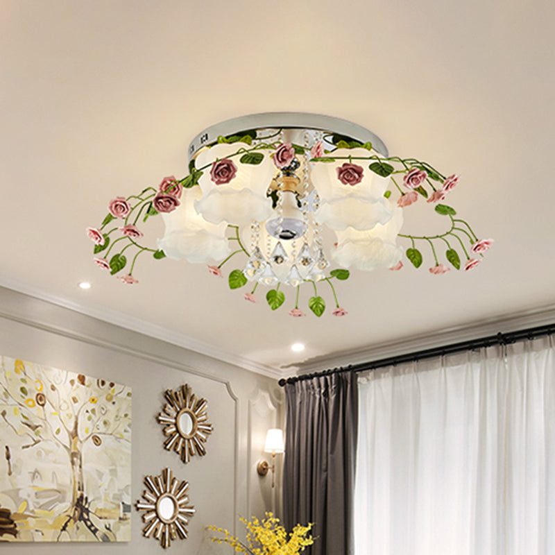 Pastoral Bloom Ceiling Light 5 Bulbs Faceted Crystal Flush Mount Fixture with White Glass Shade for Living Room White Clearhalo 'Ceiling Lights' 'Close To Ceiling Lights' 'Close to ceiling' 'Flush mount' Lighting' 325499