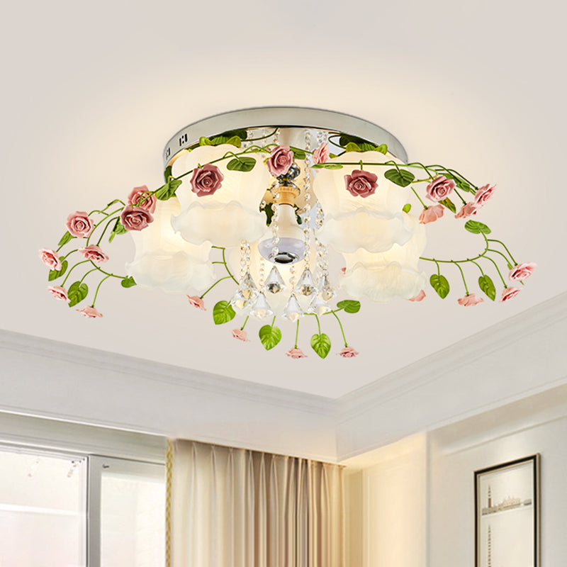 Pastoral Bloom Ceiling Light 5 Bulbs Faceted Crystal Flush Mount Fixture with White Glass Shade for Living Room Clearhalo 'Ceiling Lights' 'Close To Ceiling Lights' 'Close to ceiling' 'Flush mount' Lighting' 325500