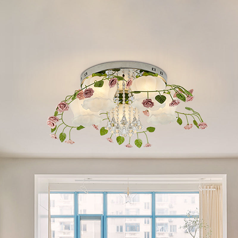 Pastoral Bloom Ceiling Light 5 Bulbs Faceted Crystal Flush Mount Fixture with White Glass Shade for Living Room Clearhalo 'Ceiling Lights' 'Close To Ceiling Lights' 'Close to ceiling' 'Flush mount' Lighting' 325501