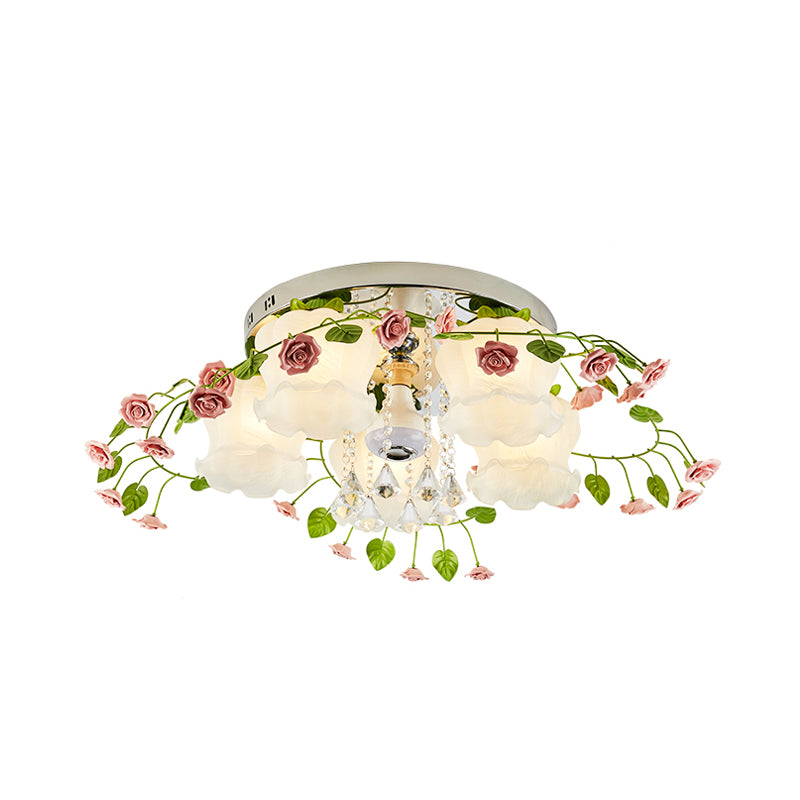 Pastoral Bloom Ceiling Light 5 Bulbs Faceted Crystal Flush Mount Fixture with White Glass Shade for Living Room Clearhalo 'Ceiling Lights' 'Close To Ceiling Lights' 'Close to ceiling' 'Flush mount' Lighting' 325502