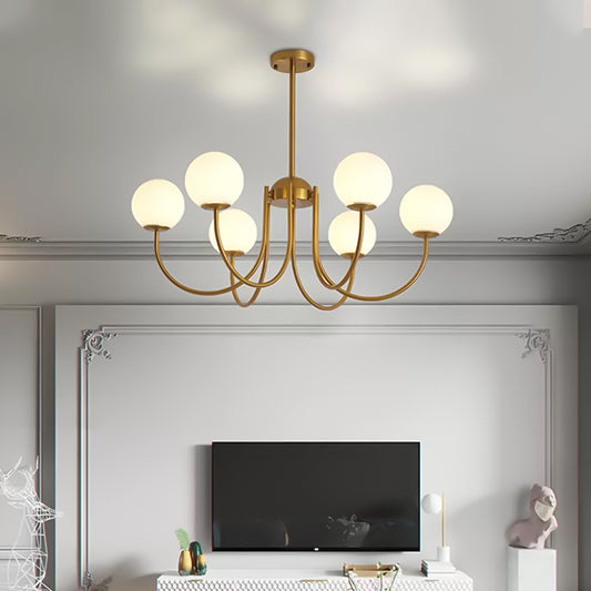 6 Heads Living Room Chandelier Lamp Modern Gold Hanging Light Kit with Orb Milk Glass Shade Gold Clearhalo 'Ceiling Lights' 'Chandeliers' 'Glass shade' 'Glass' 'Modern Chandeliers' 'Modern' Lighting' 325504