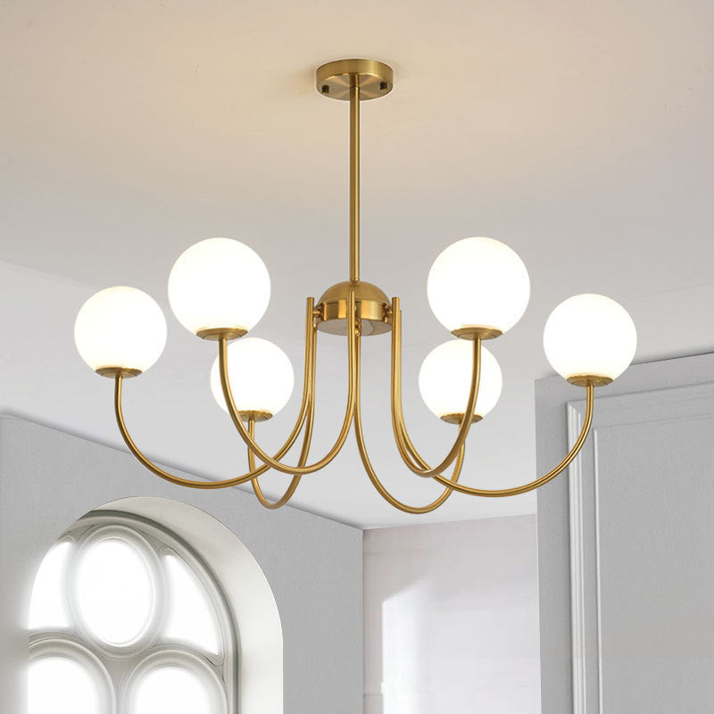 6 Heads Living Room Chandelier Lamp Modern Gold Hanging Light Kit with Orb Milk Glass Shade Clearhalo 'Ceiling Lights' 'Chandeliers' 'Glass shade' 'Glass' 'Modern Chandeliers' 'Modern' Lighting' 325505