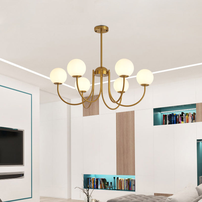 6 Heads Living Room Chandelier Lamp Modern Gold Hanging Light Kit with Orb Milk Glass Shade Clearhalo 'Ceiling Lights' 'Chandeliers' 'Glass shade' 'Glass' 'Modern Chandeliers' 'Modern' Lighting' 325506