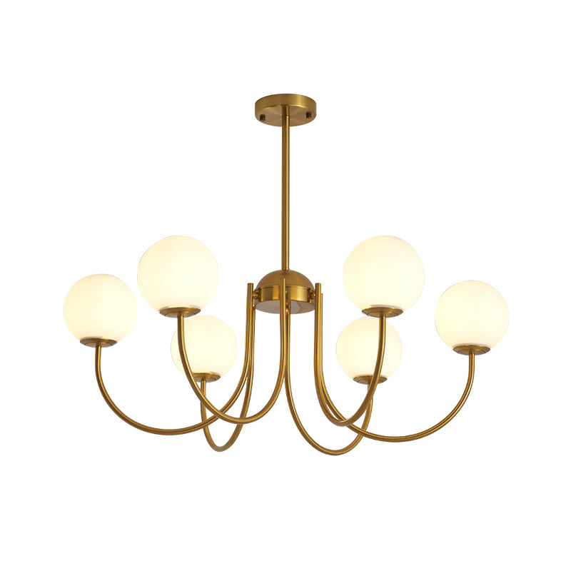 6 Heads Living Room Chandelier Lamp Modern Gold Hanging Light Kit with Orb Milk Glass Shade Clearhalo 'Ceiling Lights' 'Chandeliers' 'Glass shade' 'Glass' 'Modern Chandeliers' 'Modern' Lighting' 325507