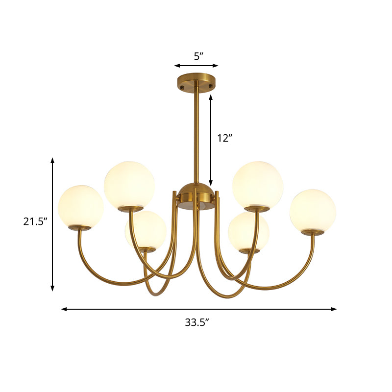 6 Heads Living Room Chandelier Lamp Modern Gold Hanging Light Kit with Orb Milk Glass Shade Clearhalo 'Ceiling Lights' 'Chandeliers' 'Glass shade' 'Glass' 'Modern Chandeliers' 'Modern' Lighting' 325508