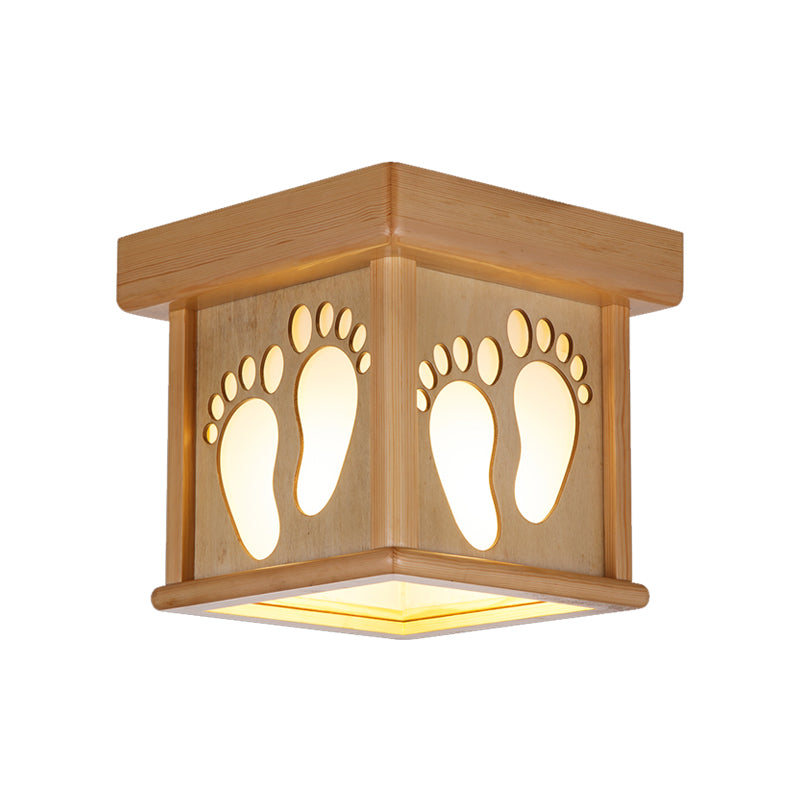 Wood Square Close to Ceiling Light Nordic 1 Light 10" W Flush Mount Light Fixture with Footprints for Dining Room Clearhalo 'Ceiling Lights' 'Close To Ceiling Lights' 'Close to ceiling' 'Flush mount' Lighting' 325521