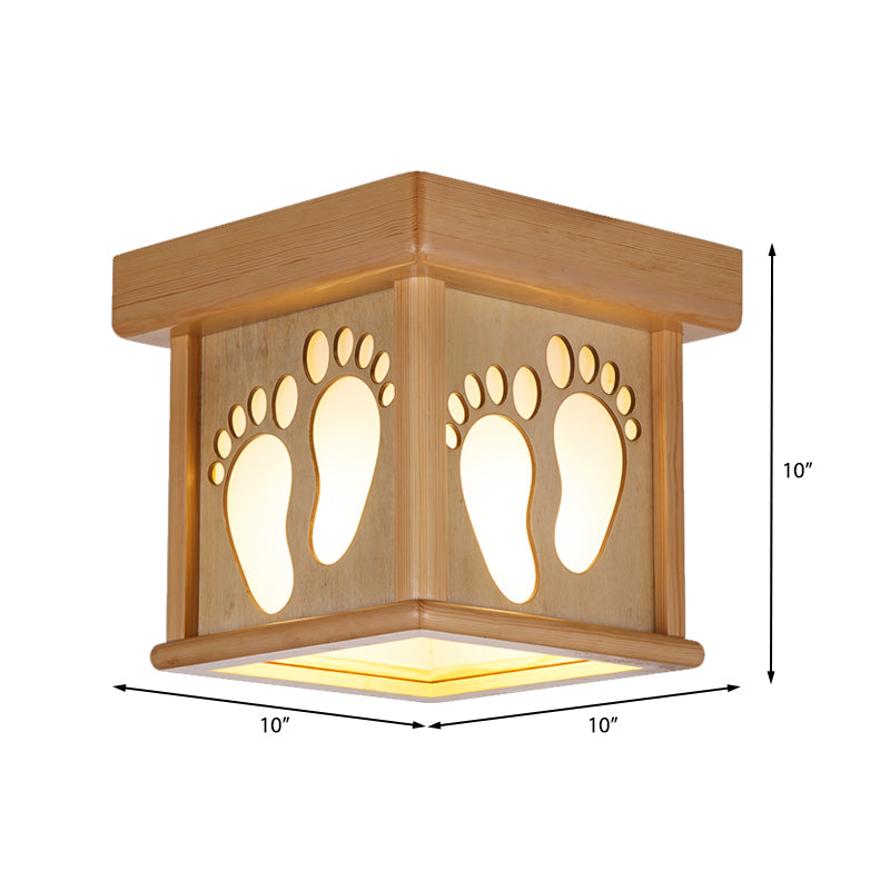 Wood Square Close to Ceiling Light Nordic 1 Light 10" W Flush Mount Light Fixture with Footprints for Dining Room Clearhalo 'Ceiling Lights' 'Close To Ceiling Lights' 'Close to ceiling' 'Flush mount' Lighting' 325522