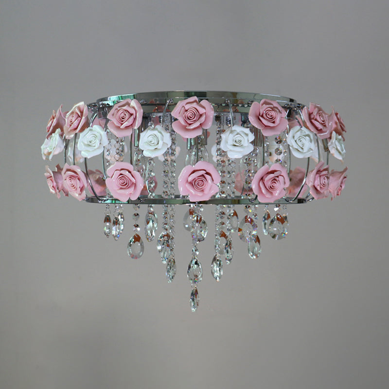 Drum Crystal Ceiling Mounted Fixture Traditional 6/8 Bulbs Living Room Flush Mount Lamp in Pink 6 Pink Clearhalo 'Ceiling Lights' 'Close To Ceiling Lights' 'Close to ceiling' 'Flush mount' Lighting' 325529