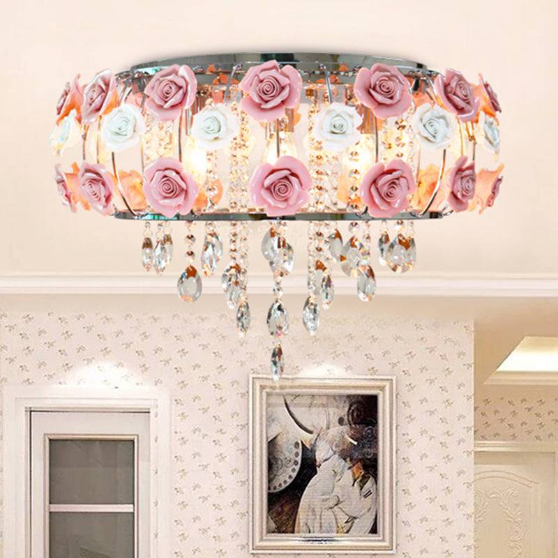 Drum Crystal Ceiling Mounted Fixture Traditional 6/8 Bulbs Living Room Flush Mount Lamp in Pink Clearhalo 'Ceiling Lights' 'Close To Ceiling Lights' 'Close to ceiling' 'Flush mount' Lighting' 325530