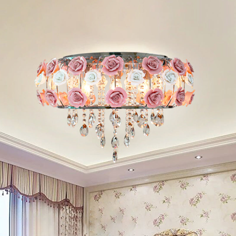 Drum Crystal Ceiling Mounted Fixture Traditional 6/8 Bulbs Living Room Flush Mount Lamp in Pink Clearhalo 'Ceiling Lights' 'Close To Ceiling Lights' 'Close to ceiling' 'Flush mount' Lighting' 325531