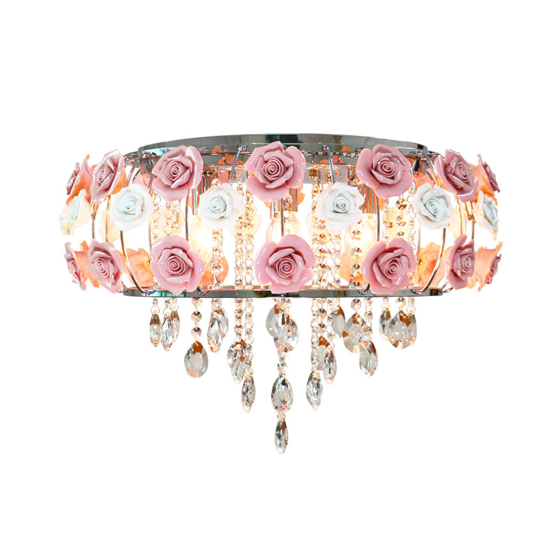 Drum Crystal Ceiling Mounted Fixture Traditional 6/8 Bulbs Living Room Flush Mount Lamp in Pink Clearhalo 'Ceiling Lights' 'Close To Ceiling Lights' 'Close to ceiling' 'Flush mount' Lighting' 325532