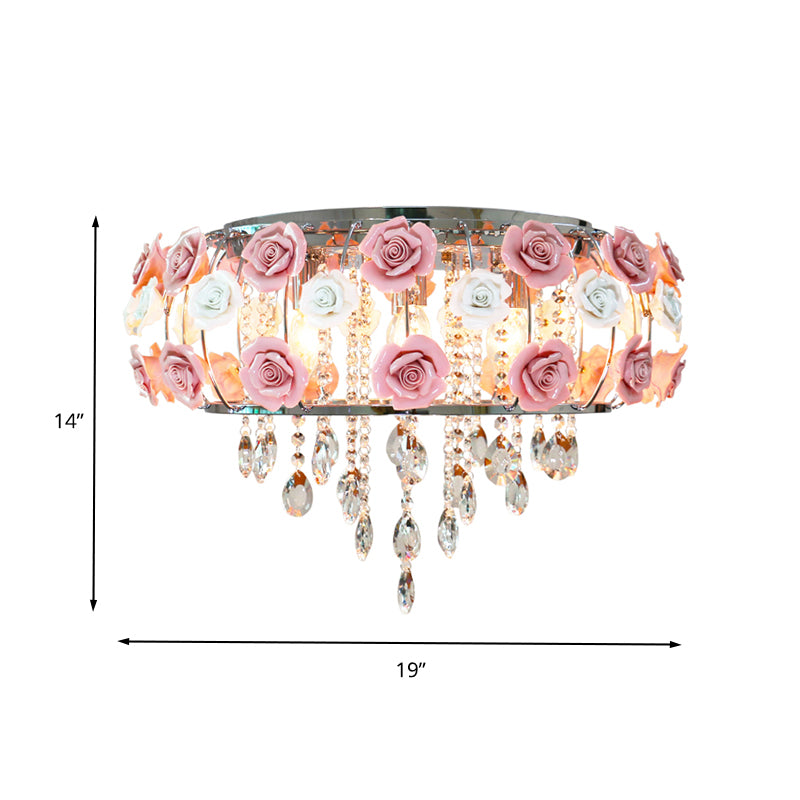 Drum Crystal Ceiling Mounted Fixture Traditional 6/8 Bulbs Living Room Flush Mount Lamp in Pink Clearhalo 'Ceiling Lights' 'Close To Ceiling Lights' 'Close to ceiling' 'Flush mount' Lighting' 325533