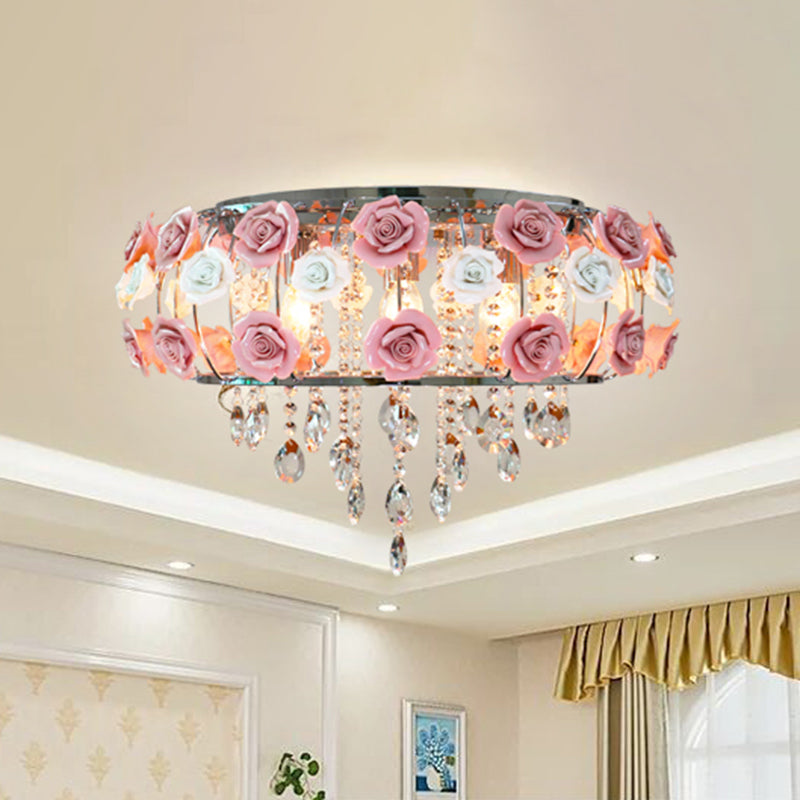 Drum Crystal Ceiling Mounted Fixture Traditional 6/8 Bulbs Living Room Flush Mount Lamp in Pink 8 Pink Clearhalo 'Ceiling Lights' 'Close To Ceiling Lights' 'Close to ceiling' 'Flush mount' Lighting' 325534