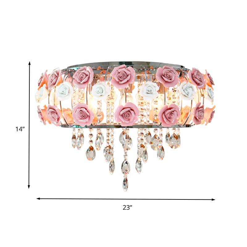 Drum Crystal Ceiling Mounted Fixture Traditional 6/8 Bulbs Living Room Flush Mount Lamp in Pink Clearhalo 'Ceiling Lights' 'Close To Ceiling Lights' 'Close to ceiling' 'Flush mount' Lighting' 325536