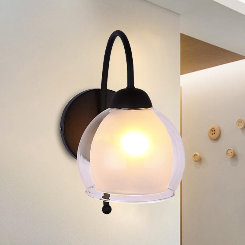 Modern Round Wall Lighting Frosted Glass 1 Head Sconce Light Fixture in Black with Metal Curvy Arm Clearhalo 'Cast Iron' 'Glass' 'Industrial' 'Modern wall lights' 'Modern' 'Tiffany' 'Traditional wall lights' 'Wall Lamps & Sconces' 'Wall Lights' Lighting' 325576