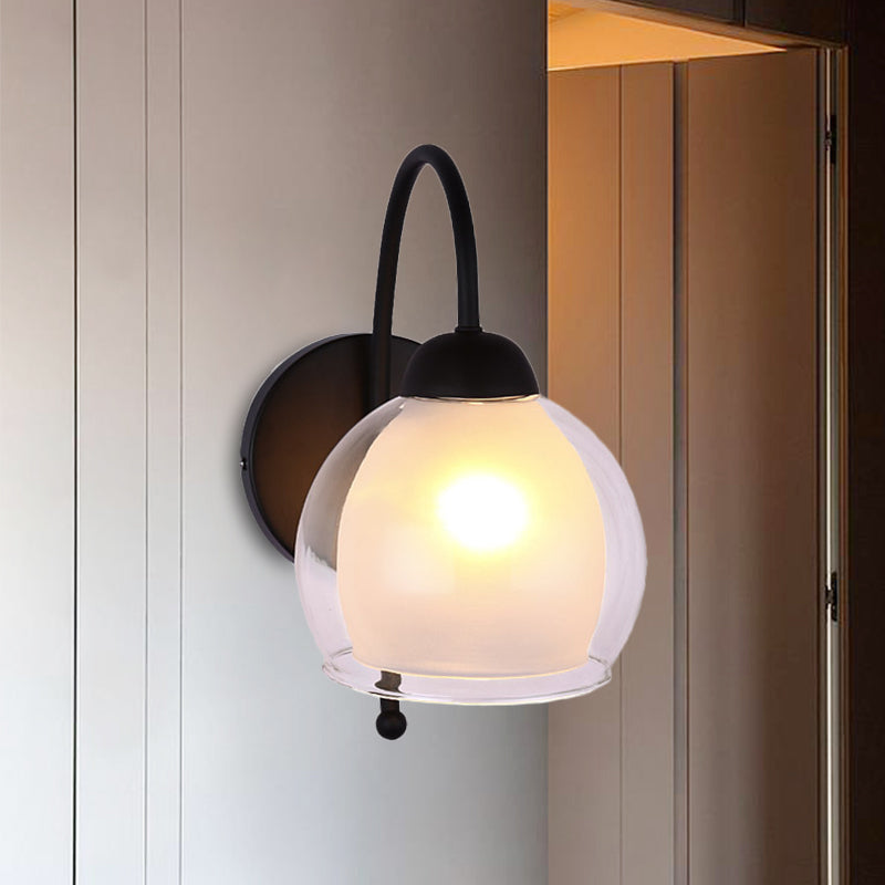 Modern Round Wall Lighting Frosted Glass 1 Head Sconce Light Fixture in Black with Metal Curvy Arm Clearhalo 'Cast Iron' 'Glass' 'Industrial' 'Modern wall lights' 'Modern' 'Tiffany' 'Traditional wall lights' 'Wall Lamps & Sconces' 'Wall Lights' Lighting' 325577