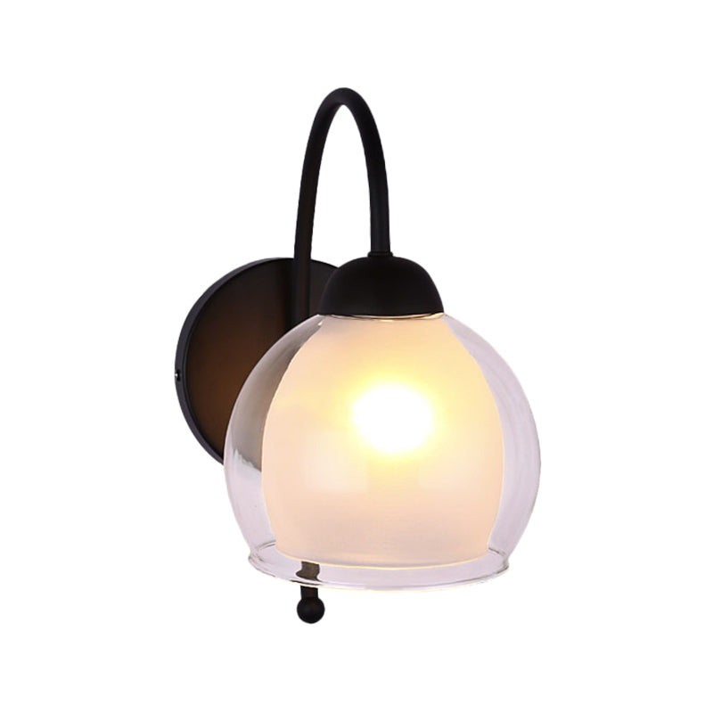Modern Round Wall Lighting Frosted Glass 1 Head Sconce Light Fixture in Black with Metal Curvy Arm Clearhalo 'Cast Iron' 'Glass' 'Industrial' 'Modern wall lights' 'Modern' 'Tiffany' 'Traditional wall lights' 'Wall Lamps & Sconces' 'Wall Lights' Lighting' 325578