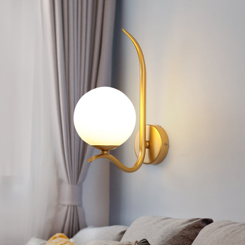 Global Sconce Light Modernist White Glass 1 Bulb Gold Wall Mount Lighting for Bedroom, 6"/8" Wide Clearhalo 'Cast Iron' 'Glass' 'Industrial' 'Modern wall lights' 'Modern' 'Tiffany' 'Traditional wall lights' 'Wall Lamps & Sconces' 'Wall Lights' Lighting' 325598