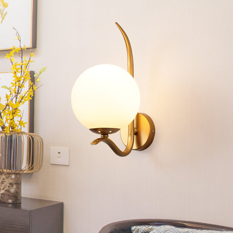 Global Sconce Light Modernist White Glass 1 Bulb Gold Wall Mount Lighting for Bedroom, 6"/8" Wide Gold 8" Clearhalo 'Cast Iron' 'Glass' 'Industrial' 'Modern wall lights' 'Modern' 'Tiffany' 'Traditional wall lights' 'Wall Lamps & Sconces' 'Wall Lights' Lighting' 325602