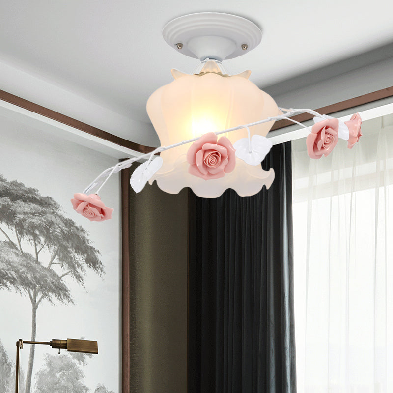 1 Bulb Scalloped Ceiling Flush Mount Traditional White/Green Satin Opal Glass Semi Mount Lighting White Clearhalo 'Ceiling Lights' 'Close To Ceiling Lights' 'Close to ceiling' 'Glass shade' 'Glass' 'Semi-flushmount' Lighting' 325636