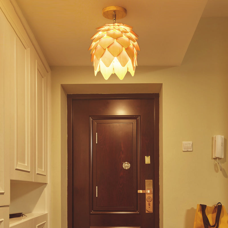 Wooden Square/Trumpet/Pineapple Semi-Flush Ceiling Fixture Contemporary 1 Light Indoor Ceiling Mounted Light Clearhalo 'Ceiling Lights' 'Close To Ceiling Lights' 'Close to ceiling' 'Flush mount' Lighting' 325654