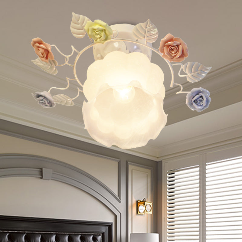 Ivory Glass Rose Ceiling Lighting Traditional 1 Head Bedroom Semi Flush Mount Light Fixture in White/Pink Clearhalo 'Ceiling Lights' 'Close To Ceiling Lights' 'Close to ceiling' 'Glass shade' 'Glass' 'Semi-flushmount' Lighting' 325667