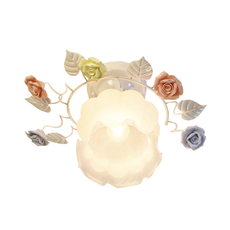 Ivory Glass Rose Ceiling Lighting Traditional 1 Head Bedroom Semi Flush Mount Light Fixture in White/Pink Clearhalo 'Ceiling Lights' 'Close To Ceiling Lights' 'Close to ceiling' 'Glass shade' 'Glass' 'Semi-flushmount' Lighting' 325669