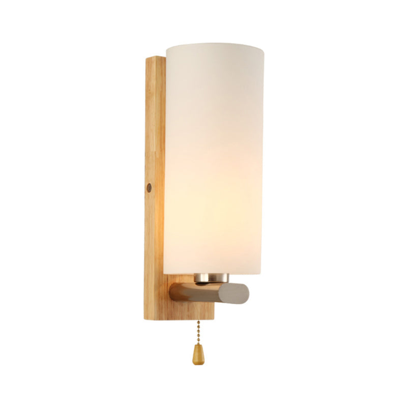 White Glass Cylinder Sconce Light Modern 1 Bulb Wall Mount Lighting with Rectangle Wood Backplate Clearhalo 'Wall Lamps & Sconces' 'Wall Lights' Lighting' 325689