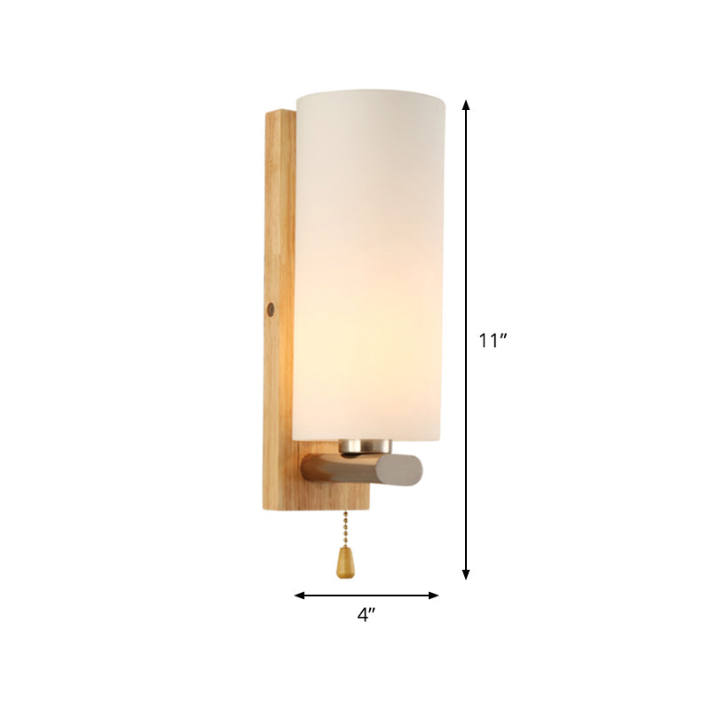 White Glass Cylinder Sconce Light Modern 1 Bulb Wall Mount Lighting with Rectangle Wood Backplate Clearhalo 'Wall Lamps & Sconces' 'Wall Lights' Lighting' 325690