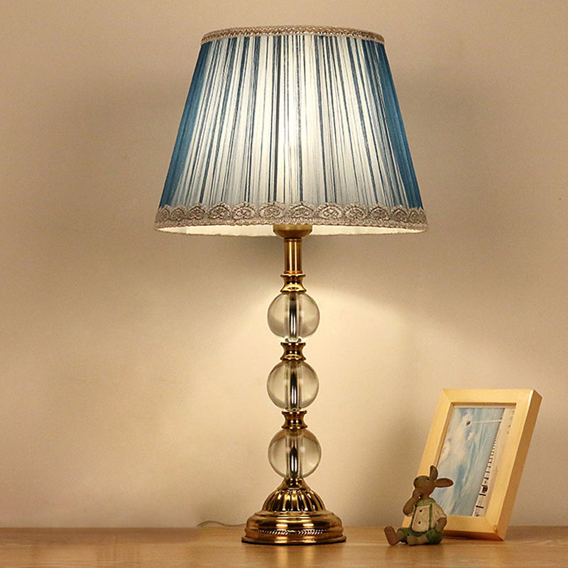 Classic Pleated Shade Night Table Light 1 Light Fabric Nightstand Lamp in Blue for Bedroom with Crystal Deco Blue Clearhalo 'Lamps' 'Table Lamps' Lighting' 325691